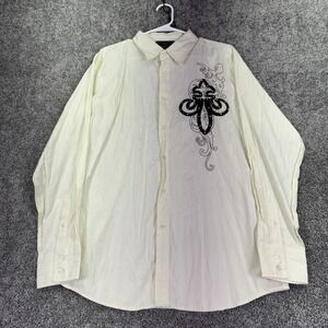 Patroncito Shirt Mens XL White Fleur De Lis Rhinestone Button Up Long Sleeve